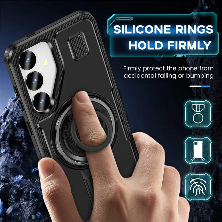For Samsung Galaxy S24 Case TPU+PC Kickstand Phone Cover with Silicone Finger Strap