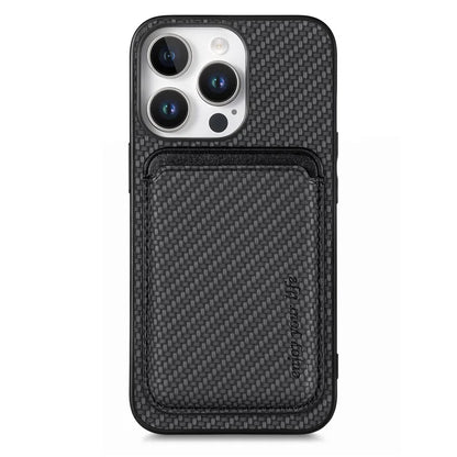 For iPhone 16 Pro Max Case Carbon Fiber Leather Back Cover with Detachable Card Bag