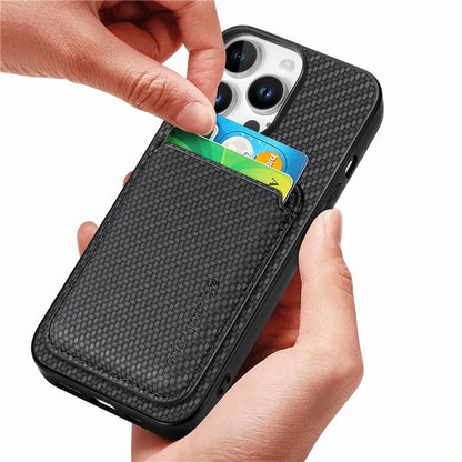 For iPhone 16 Pro Max Case Carbon Fiber Leather Back Cover with Detachable Card Bag