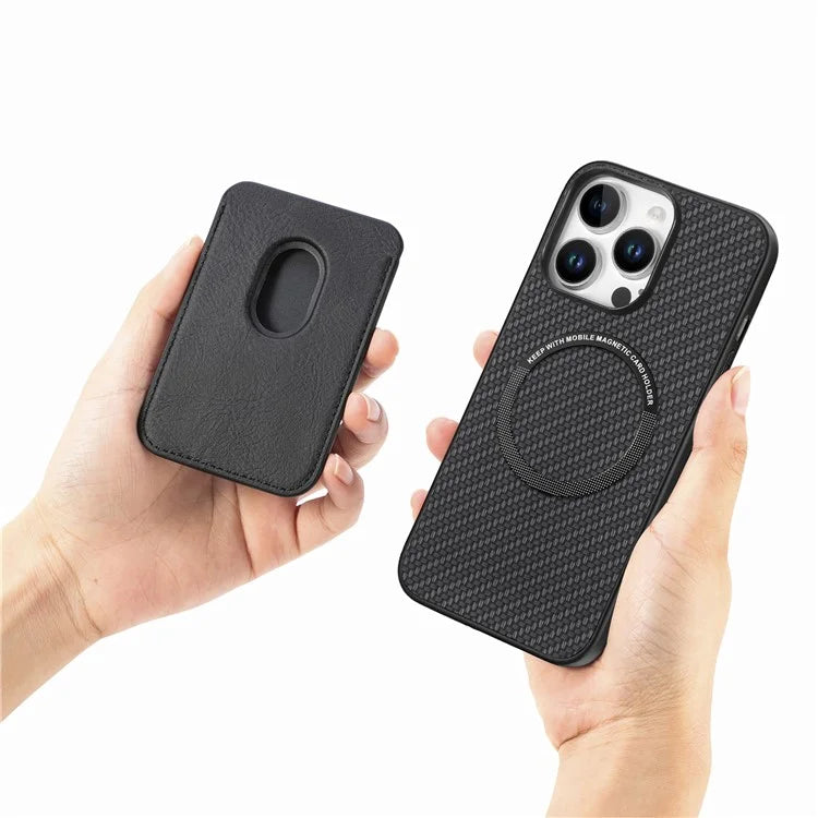 For iPhone 16 Pro Max Case Carbon Fiber Leather Back Cover with Detachable Card Bag