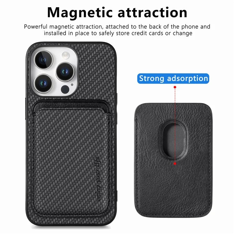 For iPhone 16 Pro Max Case Carbon Fiber Leather Back Cover with Detachable Card Bag