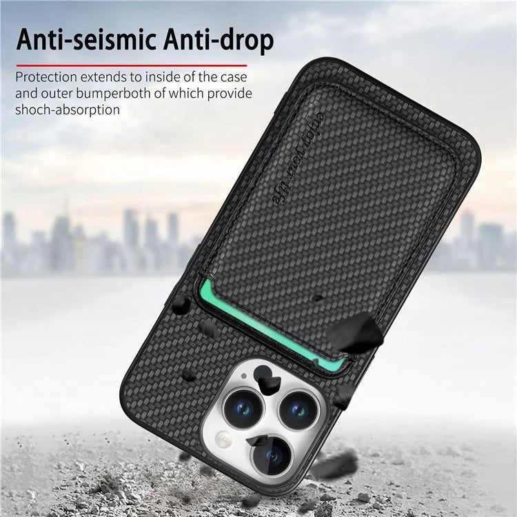 For iPhone 16 Pro Max Case Carbon Fiber Leather Back Cover with Detachable Card Bag