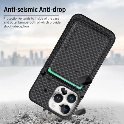 For iPhone 16 Pro Max Case Carbon Fiber Leather Back Cover with Detachable Card Bag