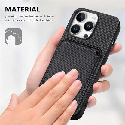 For iPhone 16 Pro Max Case Carbon Fiber Leather Back Cover with Detachable Card Bag