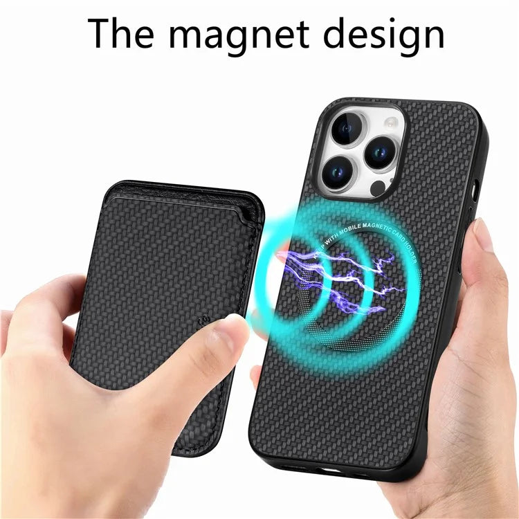 For iPhone 16 Pro Max Case Carbon Fiber Leather Back Cover with Detachable Card Bag