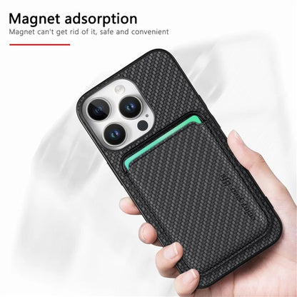 For iPhone 16 Pro Max Case Carbon Fiber Leather Back Cover with Detachable Card Bag