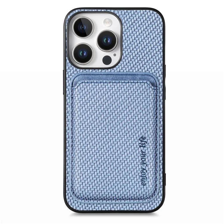 For iPhone 16 Pro Max Case Carbon Fiber Leather Back Cover with Detachable Card Bag