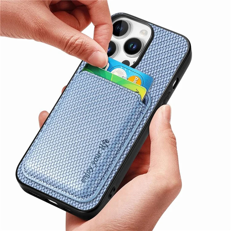 For iPhone 16 Pro Max Case Carbon Fiber Leather Back Cover with Detachable Card Bag
