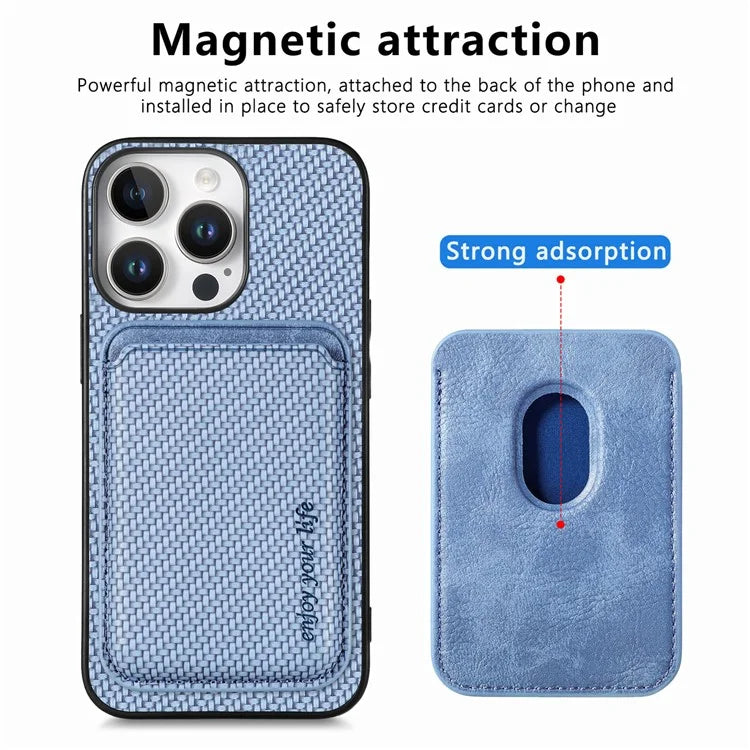 For iPhone 16 Pro Max Case Carbon Fiber Leather Back Cover with Detachable Card Bag