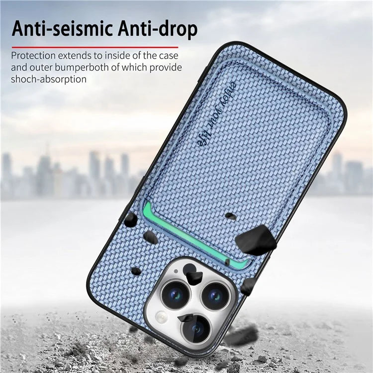 For iPhone 16 Pro Max Case Carbon Fiber Leather Back Cover with Detachable Card Bag