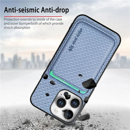 For iPhone 16 Pro Max Case Carbon Fiber Leather Back Cover with Detachable Card Bag