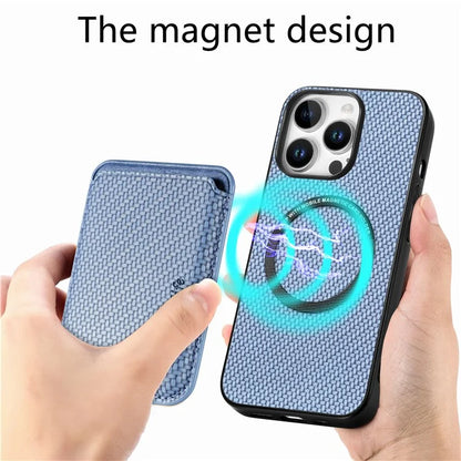 For iPhone 16 Pro Max Case Carbon Fiber Leather Back Cover with Detachable Card Bag