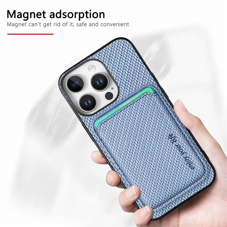 For iPhone 16 Pro Max Case Carbon Fiber Leather Back Cover with Detachable Card Bag