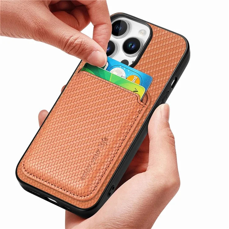 For iPhone 16 Pro Max Case Carbon Fiber Leather Back Cover with Detachable Card Bag