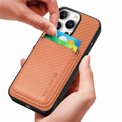 For iPhone 16 Pro Max Case Carbon Fiber Leather Back Cover with Detachable Card Bag