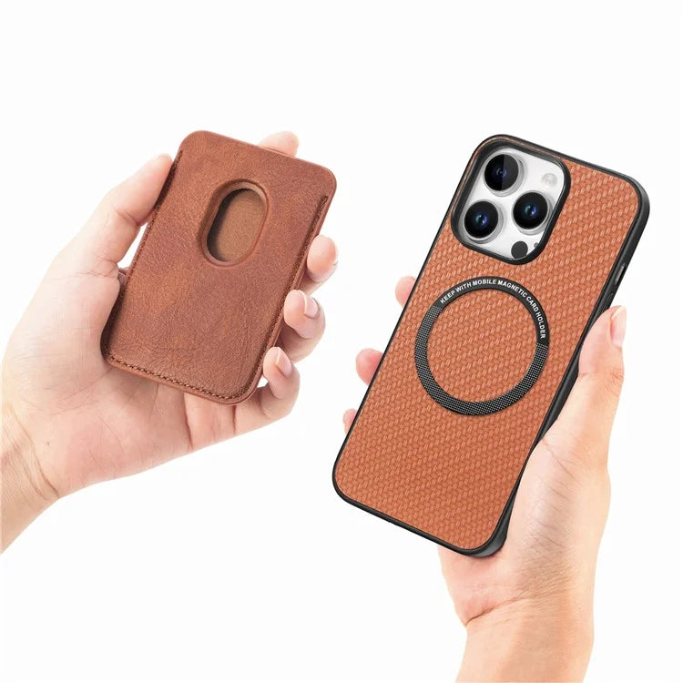 For iPhone 16 Pro Max Case Carbon Fiber Leather Back Cover with Detachable Card Bag