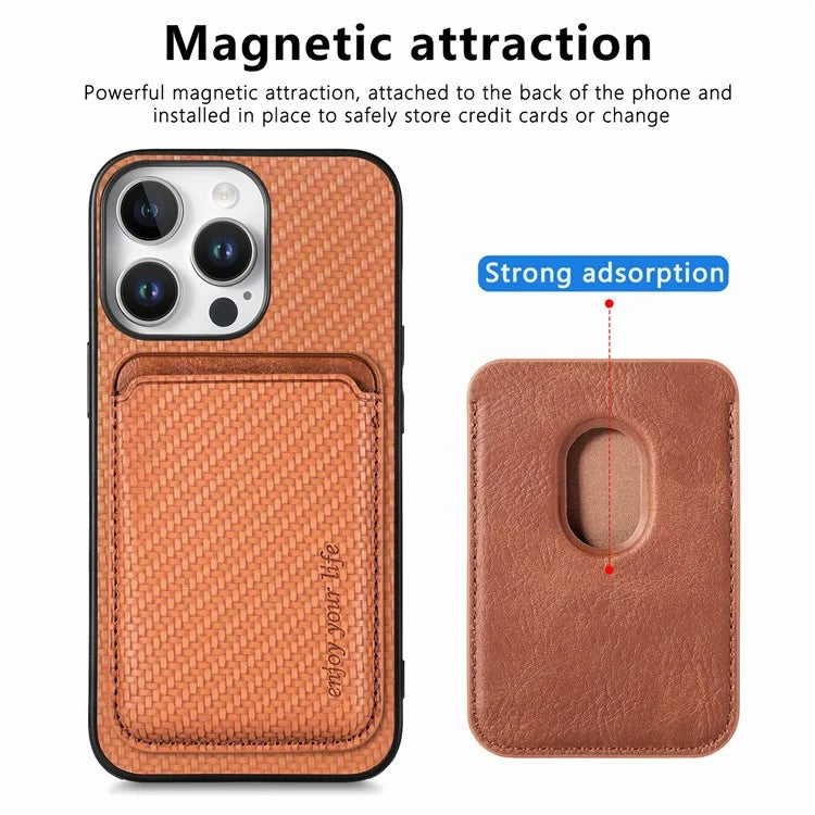 For iPhone 16 Pro Max Case Carbon Fiber Leather Back Cover with Detachable Card Bag