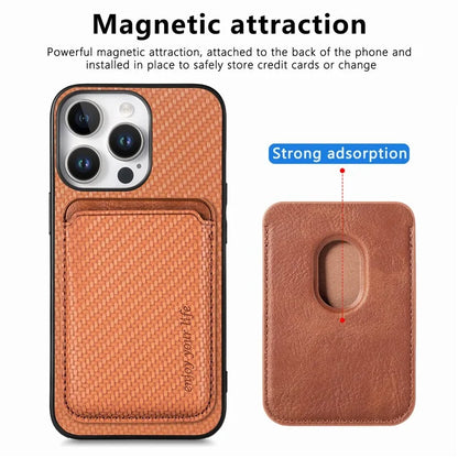 For iPhone 16 Pro Max Case Carbon Fiber Leather Back Cover with Detachable Card Bag