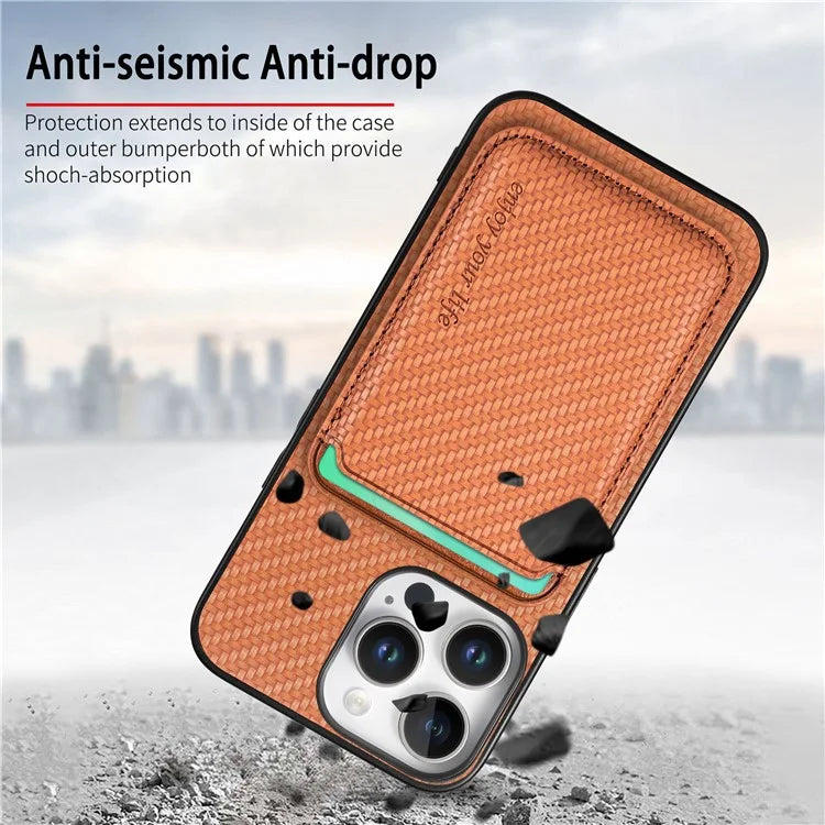 For iPhone 16 Pro Max Case Carbon Fiber Leather Back Cover with Detachable Card Bag