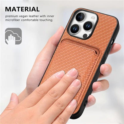 For iPhone 16 Pro Max Case Carbon Fiber Leather Back Cover with Detachable Card Bag