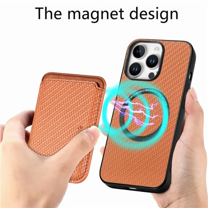For iPhone 16 Pro Max Case Carbon Fiber Leather Back Cover with Detachable Card Bag