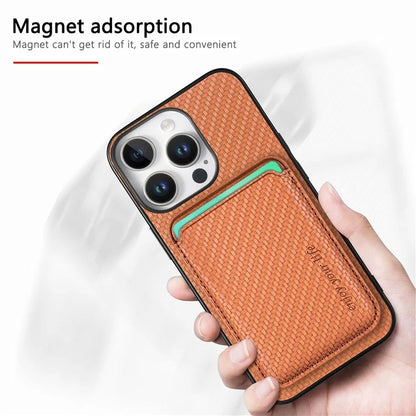 For iPhone 16 Pro Max Case Carbon Fiber Leather Back Cover with Detachable Card Bag