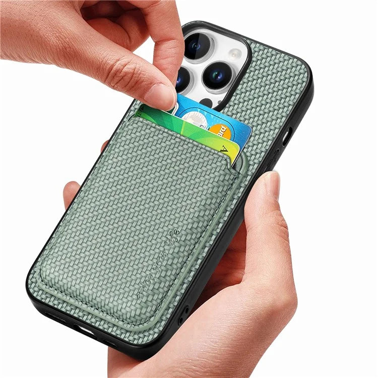 For iPhone 16 Pro Max Case Carbon Fiber Leather Back Cover with Detachable Card Bag