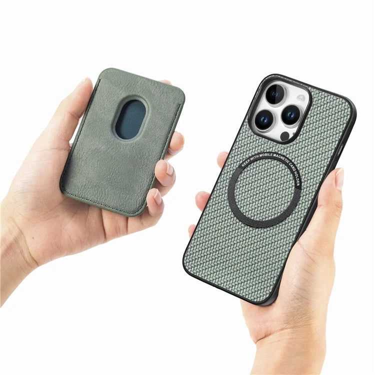 For iPhone 16 Pro Max Case Carbon Fiber Leather Back Cover with Detachable Card Bag