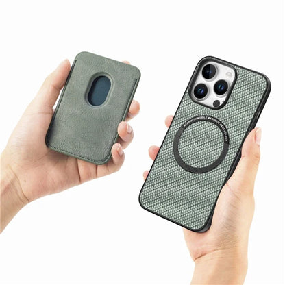 For iPhone 16 Pro Max Case Carbon Fiber Leather Back Cover with Detachable Card Bag