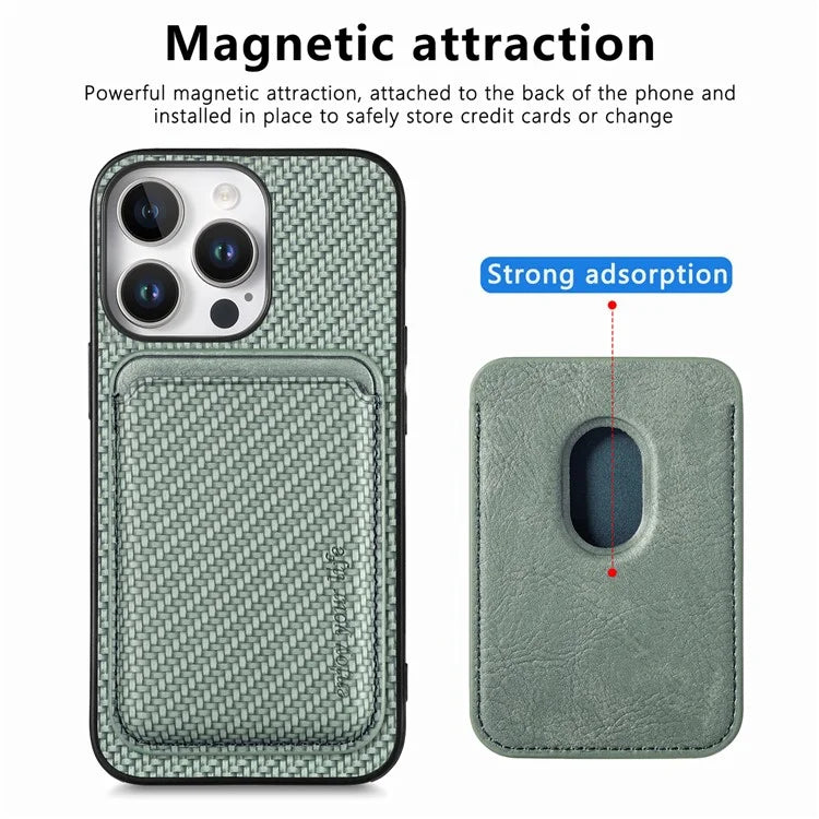 For iPhone 16 Pro Max Case Carbon Fiber Leather Back Cover with Detachable Card Bag