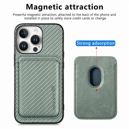 For iPhone 16 Pro Max Case Carbon Fiber Leather Back Cover with Detachable Card Bag