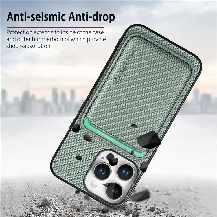 For iPhone 16 Pro Max Case Carbon Fiber Leather Back Cover with Detachable Card Bag