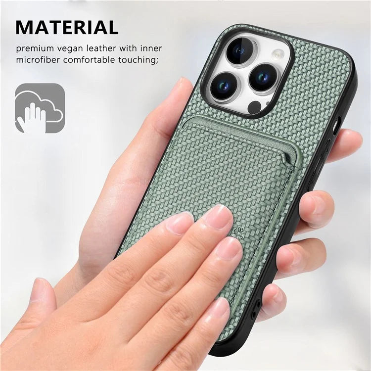 For iPhone 16 Pro Max Case Carbon Fiber Leather Back Cover with Detachable Card Bag