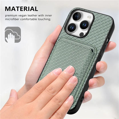 For iPhone 16 Pro Max Case Carbon Fiber Leather Back Cover with Detachable Card Bag