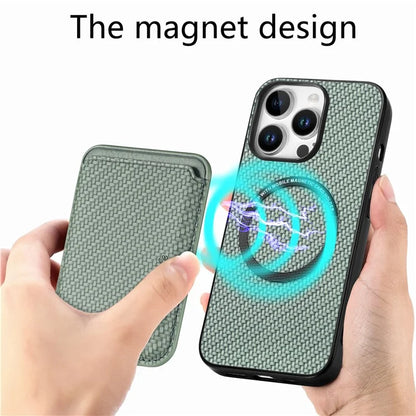 For iPhone 16 Pro Max Case Carbon Fiber Leather Back Cover with Detachable Card Bag