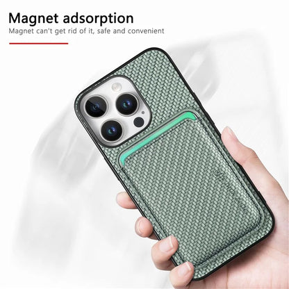For iPhone 16 Pro Max Case Carbon Fiber Leather Back Cover with Detachable Card Bag