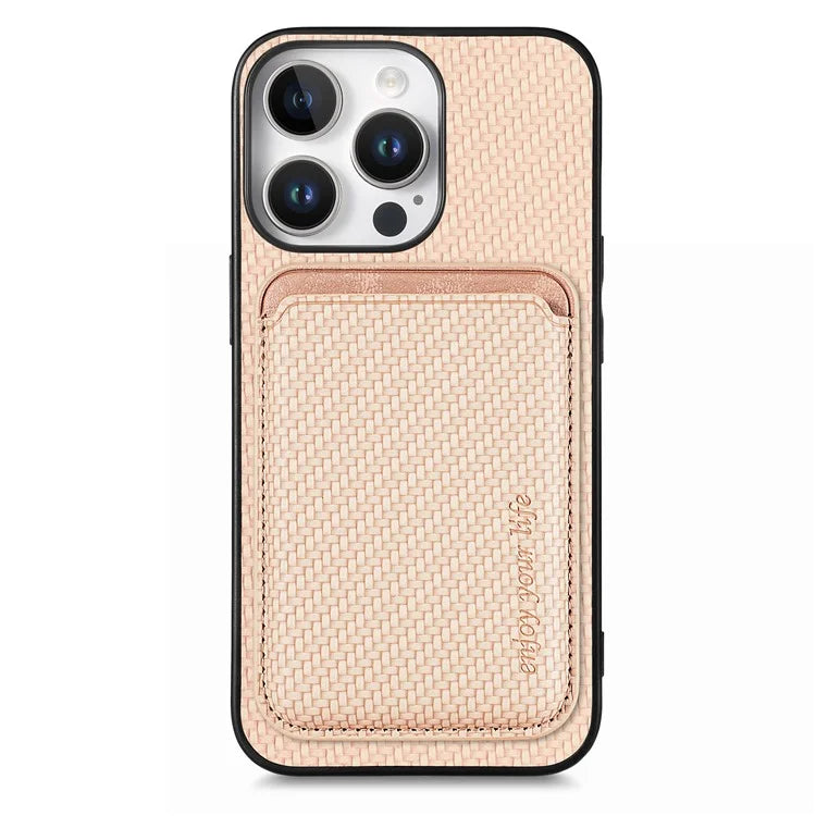 For iPhone 16 Pro Max Case Carbon Fiber Leather Back Cover with Detachable Card Bag