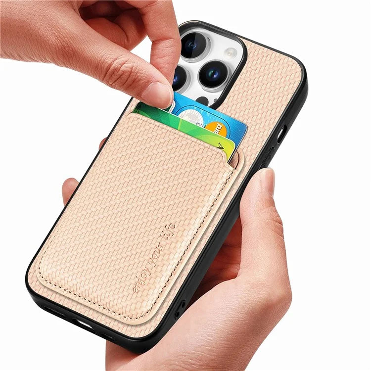 For iPhone 16 Pro Max Case Carbon Fiber Leather Back Cover with Detachable Card Bag