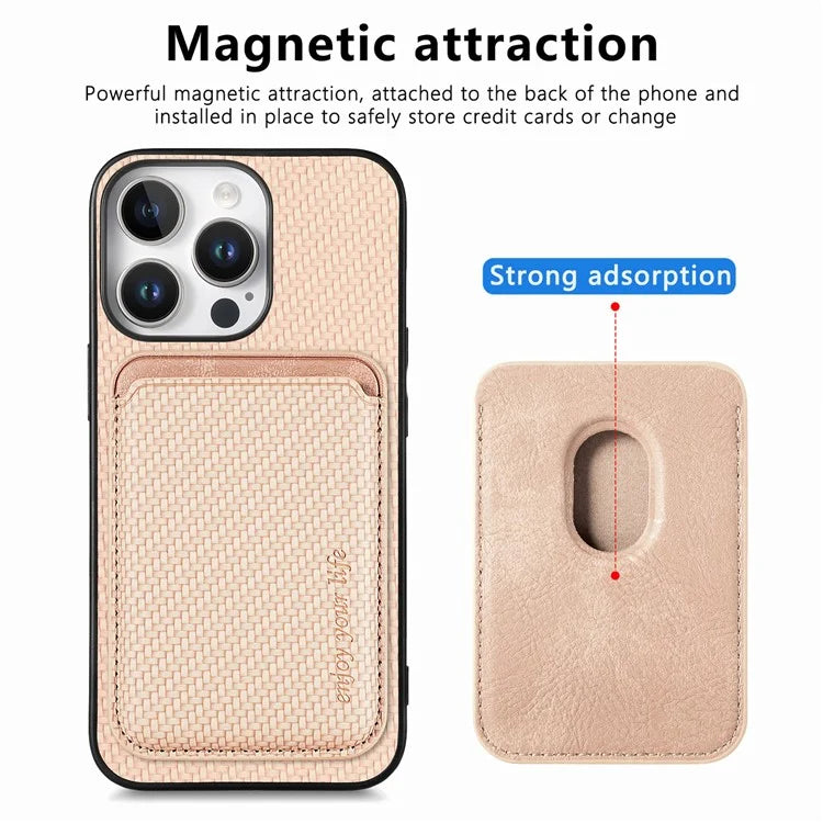 For iPhone 16 Pro Max Case Carbon Fiber Leather Back Cover with Detachable Card Bag