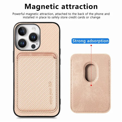 For iPhone 16 Pro Max Case Carbon Fiber Leather Back Cover with Detachable Card Bag