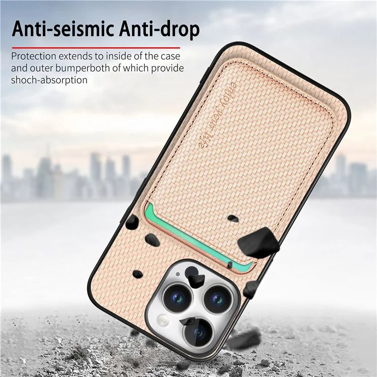 For iPhone 16 Pro Max Case Carbon Fiber Leather Back Cover with Detachable Card Bag