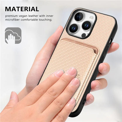 For iPhone 16 Pro Max Case Carbon Fiber Leather Back Cover with Detachable Card Bag