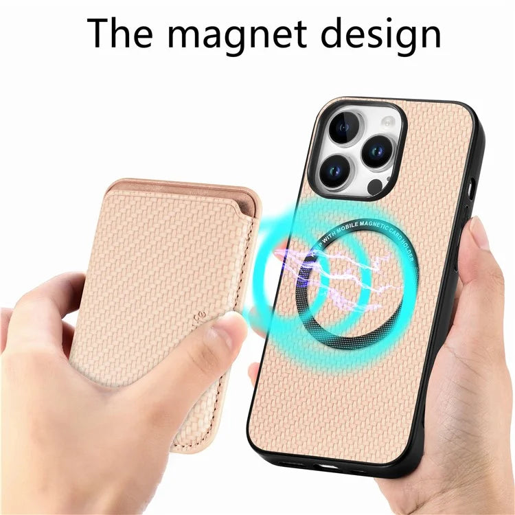 For iPhone 16 Pro Max Case Carbon Fiber Leather Back Cover with Detachable Card Bag