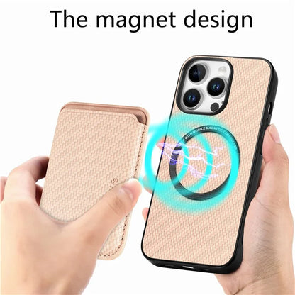 For iPhone 16 Pro Max Case Carbon Fiber Leather Back Cover with Detachable Card Bag