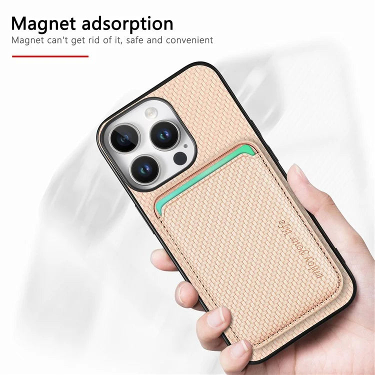 For iPhone 16 Pro Max Case Carbon Fiber Leather Back Cover with Detachable Card Bag