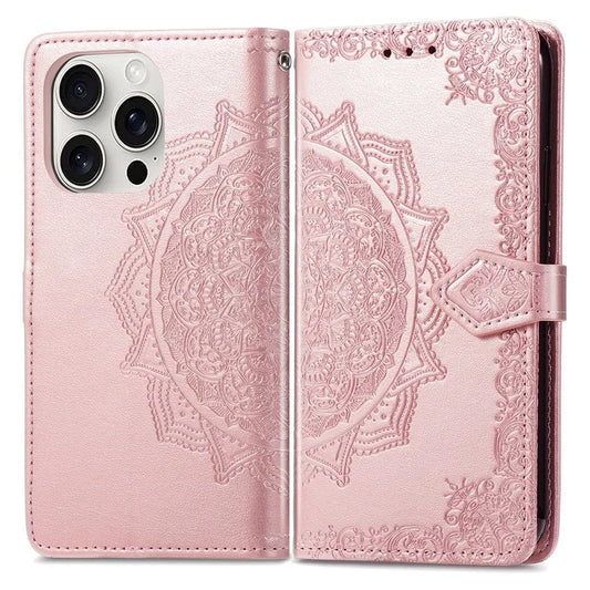For iPhone 16 Pro Max Wallet Case Mandala Flower Leather Phone Cover Stand View