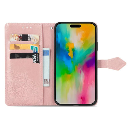 For iPhone 16 Pro Max Wallet Case Mandala Flower Leather Phone Cover Stand View