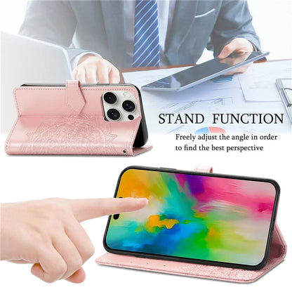 For iPhone 16 Pro Max Wallet Case Mandala Flower Leather Phone Cover Stand View