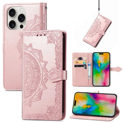 For iPhone 16 Pro Max Wallet Case Mandala Flower Leather Phone Cover Stand View