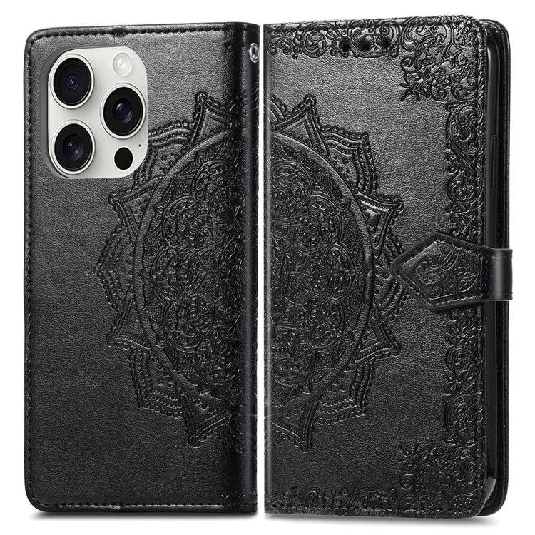 For iPhone 16 Pro Max Wallet Case Mandala Flower Leather Phone Cover Stand View
